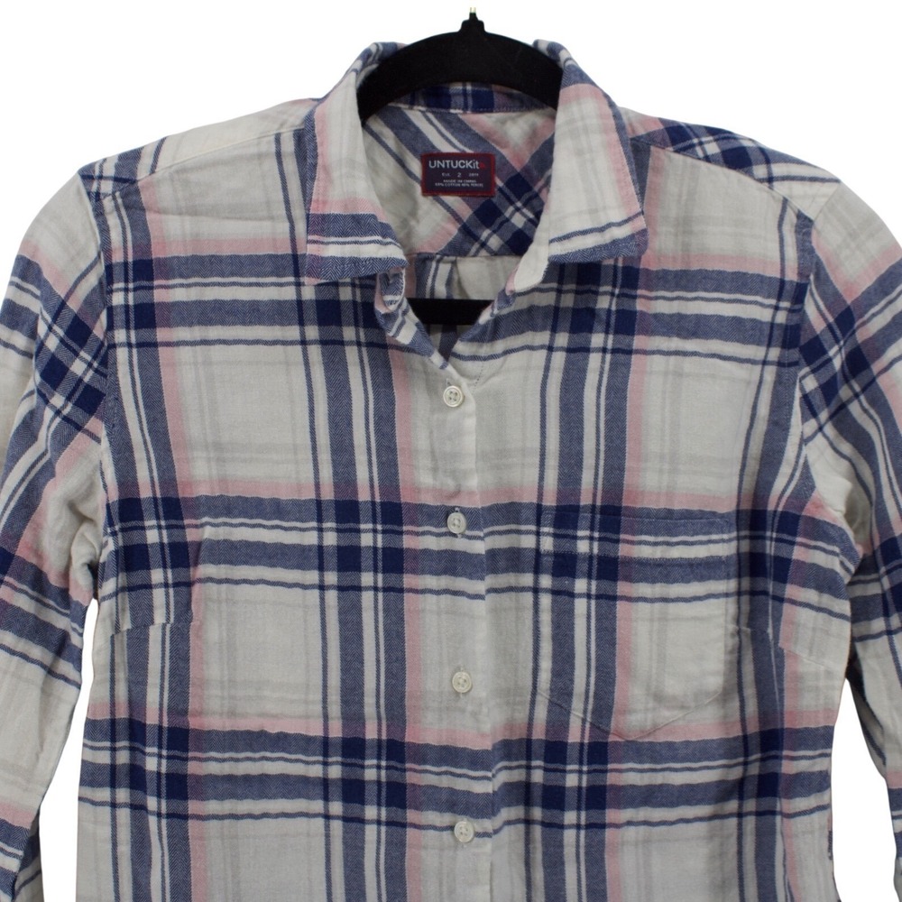 UNTUCKit Shirt Womens 2 Plaid Navy Pink White Cotton Tencel Button-Down Preppy